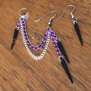 New Unworn 1” Spikes Purple Slvr Blk Ear Cuff Earrings Set